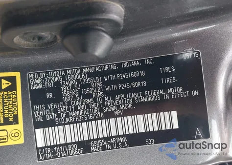 2015 Toyota Highlander Xle V6 from USA, damaged, VIN 5TDJKRFH3FS167278